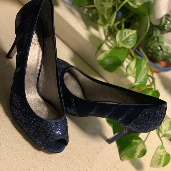 Woman Elegant Dark Navy Blue w/Glitter heels sz9.5 - Picture 7 of 10